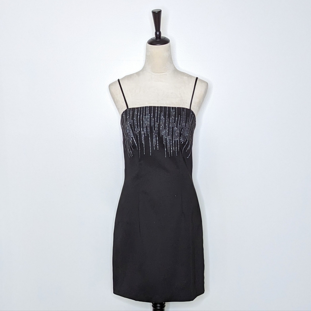 XOXO Vintage 90s Y2K Black Stretch Mini Dress with Silver Sparkles Size 9 Junior
